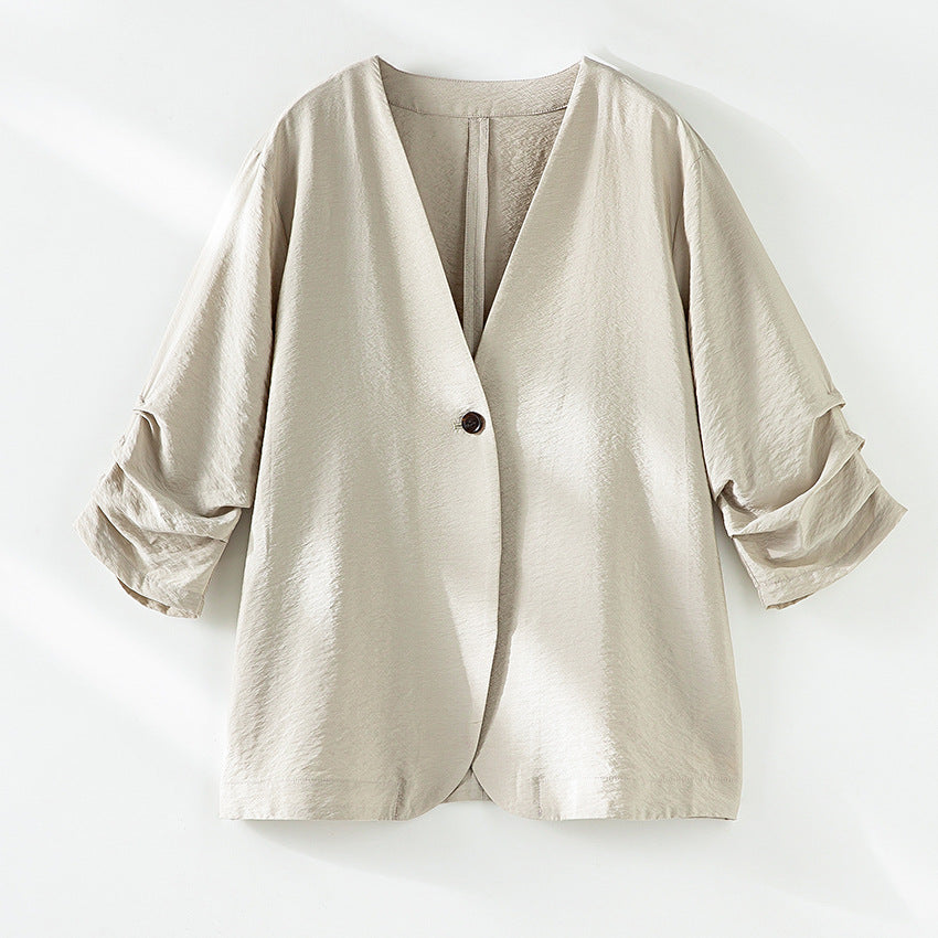 Damen Leichter Oversize-Blazer mit V-Ausschnitt, Ein-Knopf-Verschluss und gerafften Dreiviertelärmeln Shop Nory