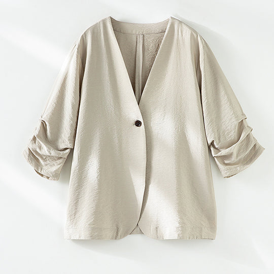 Damen Leichter Oversize-Blazer mit V-Ausschnitt, Ein-Knopf-Verschluss und gerafften Dreiviertelärmeln Shop Nory