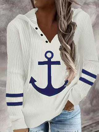 Damen Maritimes Kapuzen-Tunika-Shirt mit großem Ankerprint und Crinkle-Struktur Shop Nory