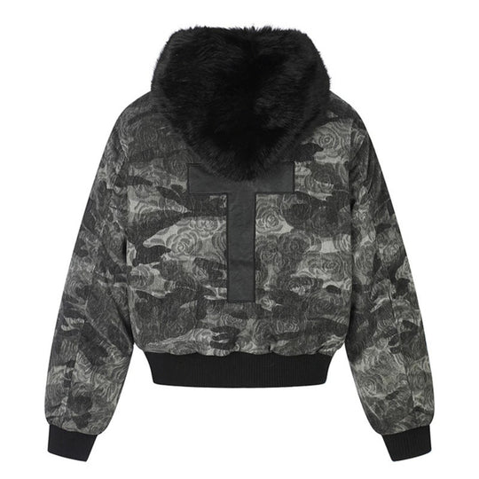 Damen wattierte Bomberjacke mit Kunstfellkapuze, Rosen‑Jacquard und Zipper‑Details Shop Nory