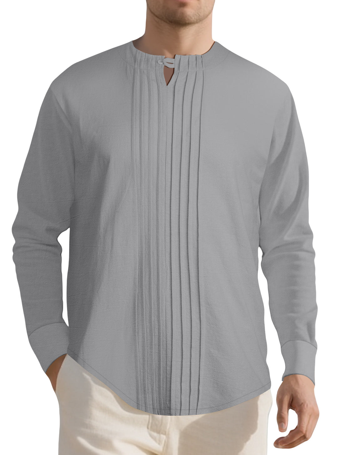 Herren Leichtes Langarmshirt im Leinenlook mit Stehkragen, Kellerfalten und Schlaufenverschluss Shop Nory