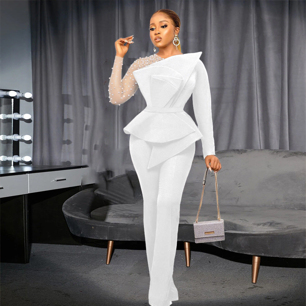 Damen eleganter Jumpsuit mit asymmetrischem Oberteil und raffiniertem Rüschendesign