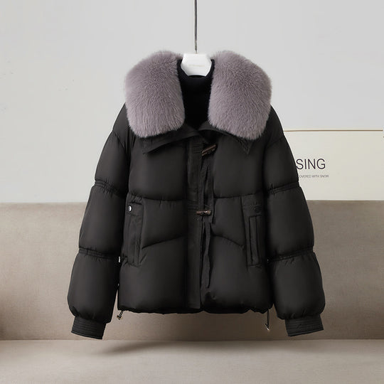 Damen nan kurze Steppluftjacke mit voluminösem Webpelzkragen, Knebelverschluss und formstabiler Taillenlinie Shop Nory