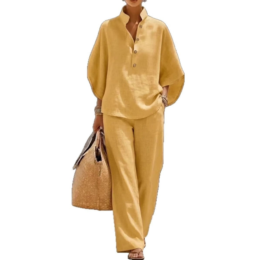 Damen Lockeres Leinenoptik-Zweiteiler mit Stehkragenbluse und weitem Palazzo-Hose Shop Nory