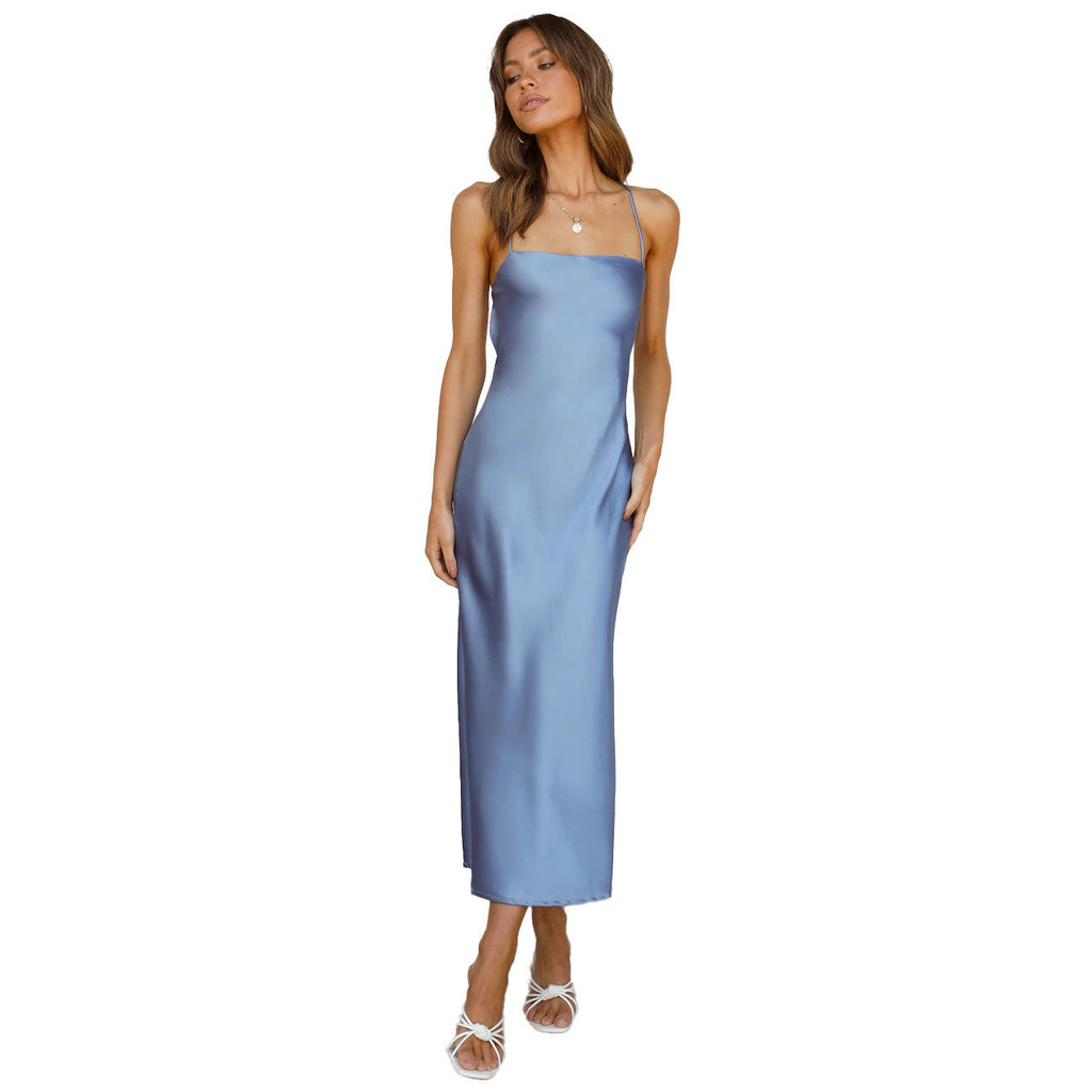 Damen Satinmaxikleid mit Schmalem Schnitt und Spaghettiträgern Shopnory