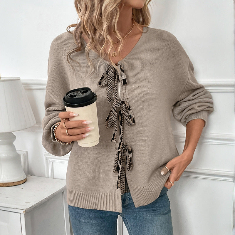 Damen Lockerer Strickcardigan mit Dekorativen BindShop Noryändern Shop Nory