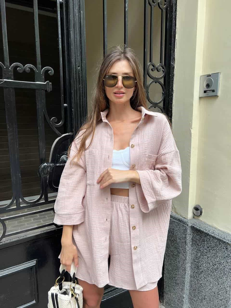Damen Lässiges Kurzarm Set aus Hemd und Shorts mit Knopfleiste Shopnory