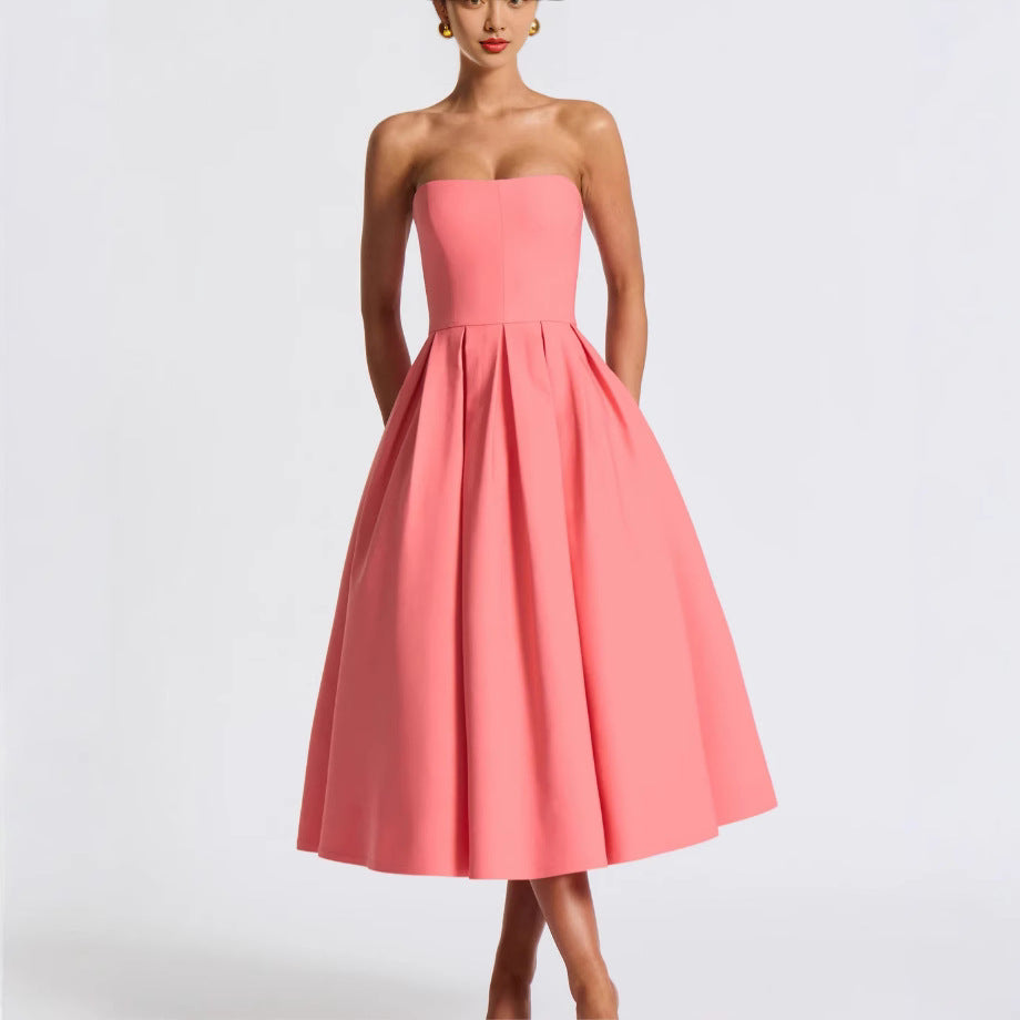 Damen Elegantes Midi-Kleid mit schwingendem Rock und raffiniertem Bandeau-Ausschnitt