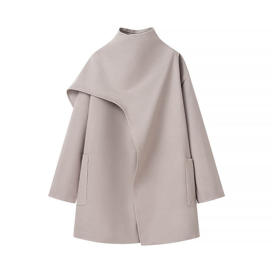 Damen Asymmetrischer Wollmix-Mantel mit Cape-Überwurf und Stehkragen Shop Nory