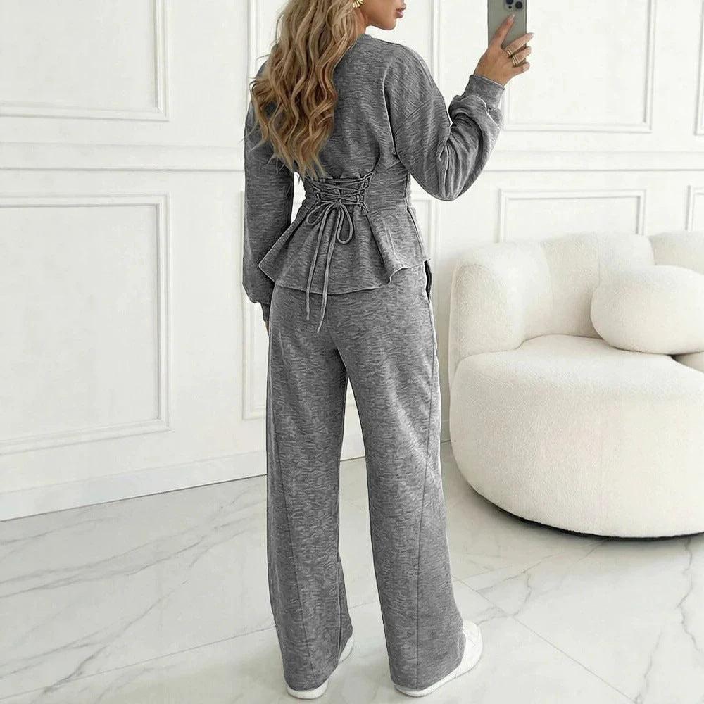 Damen Zweiteiliges Loungewear-Set aus Melange‑Jersey mit weitem Bein und Rundhalsausschnitt Shop Nory