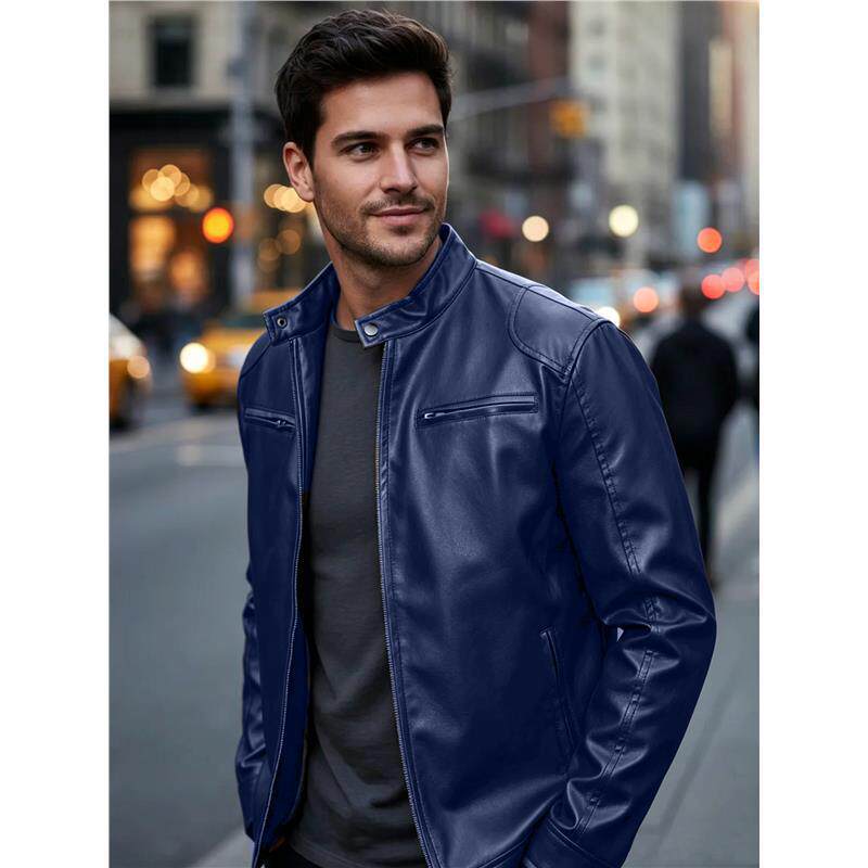 Herren Biker‑Style Kunstlederjacke mit Stehkragen und Reißverschlusstaschen Shop Nory