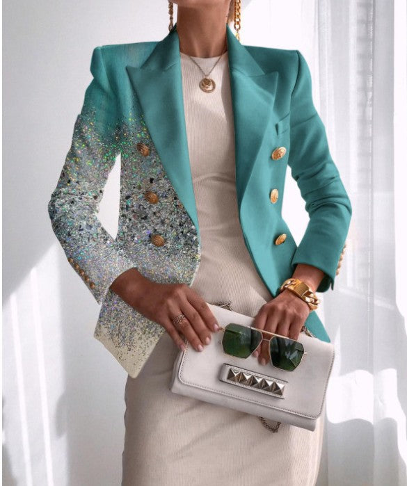 Damen Taillierter Doppelreihiger Blazer mit markanter Schulter, Goldknöpfen und Glitzer-Ombré Shop Nory