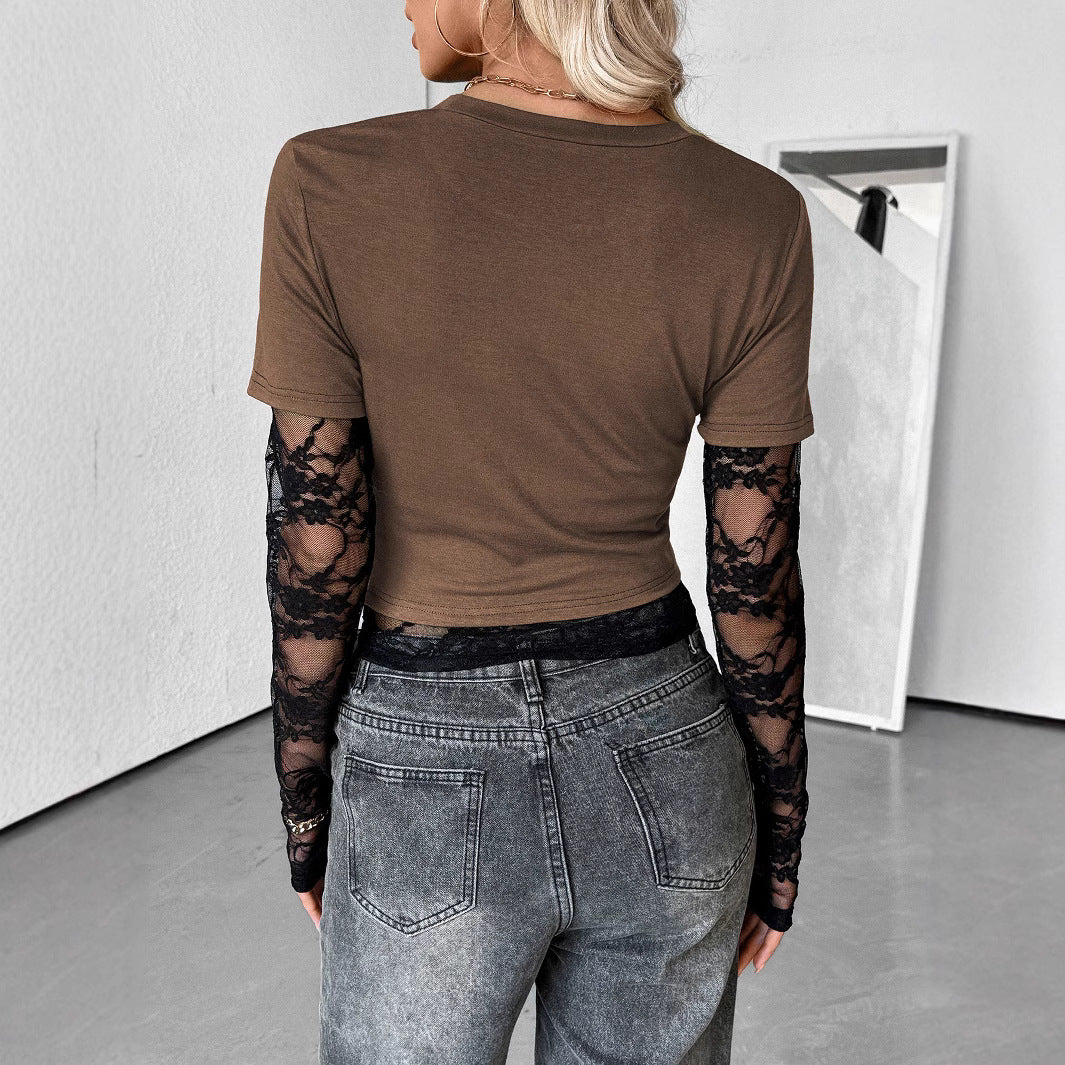 Damen Kurzgeschnittenes T‑Shirt mit transparenten Spitzenärmeln Shop Nory