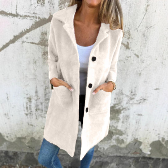 Damen Teddy-Mantel mit Oversize-Kragen, dekorativen Knöpfen und Eingrifftaschen Shop Nory