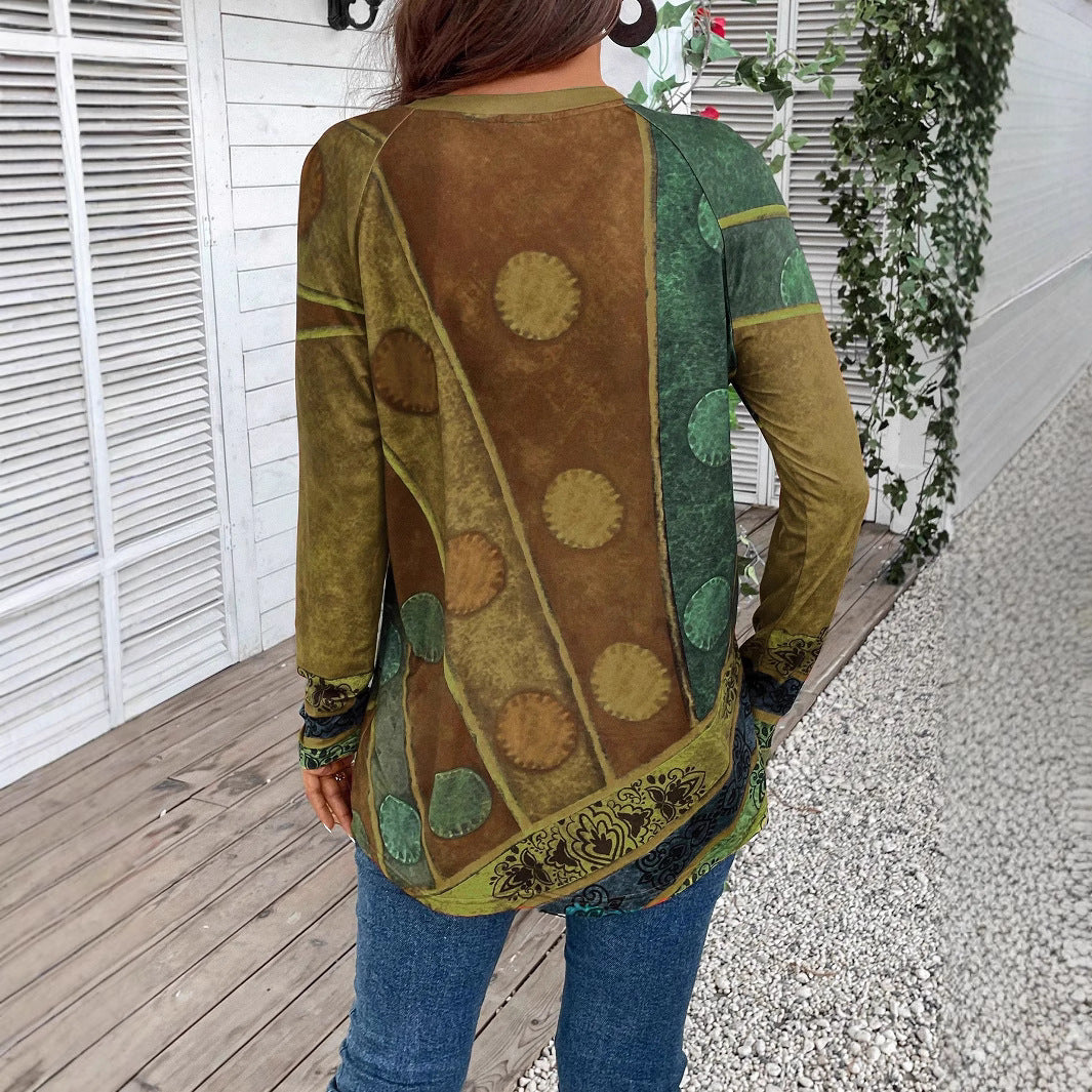 Damen Langarmshirt mit Boho-Print und Patchwork-Ärmeln Shop Nory