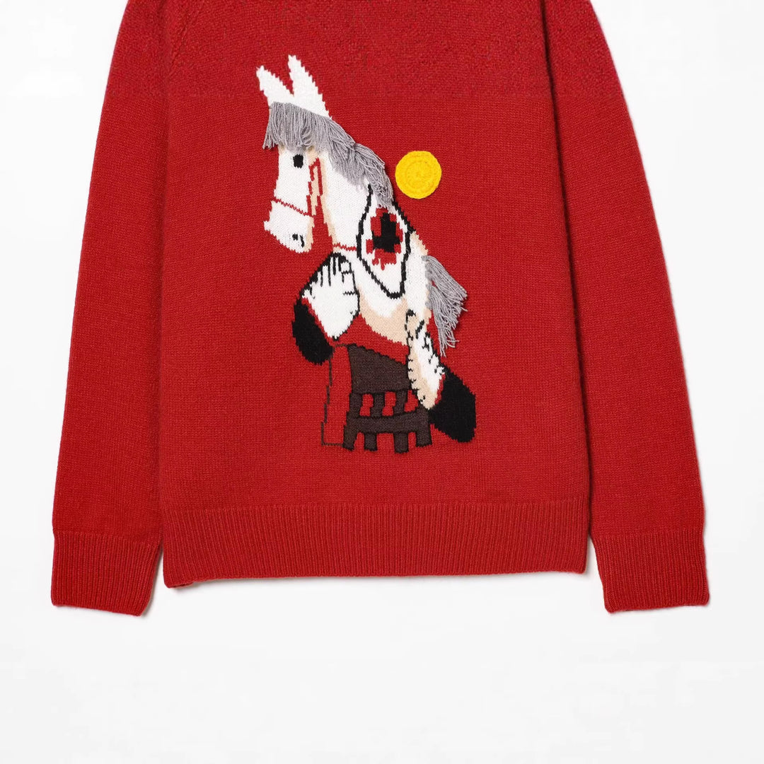 Damen Strickpullover mit Pferde-Motiv und Fransenapplikation, Oversize-Rundhals Shop Nory