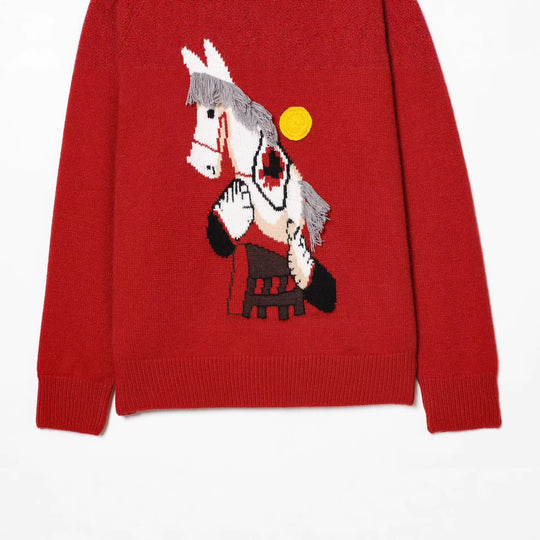 Damen Strickpullover mit Pferde-Motiv und Fransenapplikation, Oversize-Rundhals Shop Nory