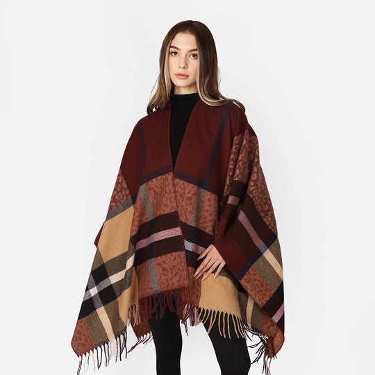 Damen Übergroßer Poncho mit Fransen und Karomuster Shop Nory