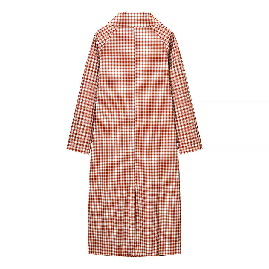 Damen Lang geschnittener karierter Mantel mit Hemdkragen und durchgehender Knopfleiste Shop Nory