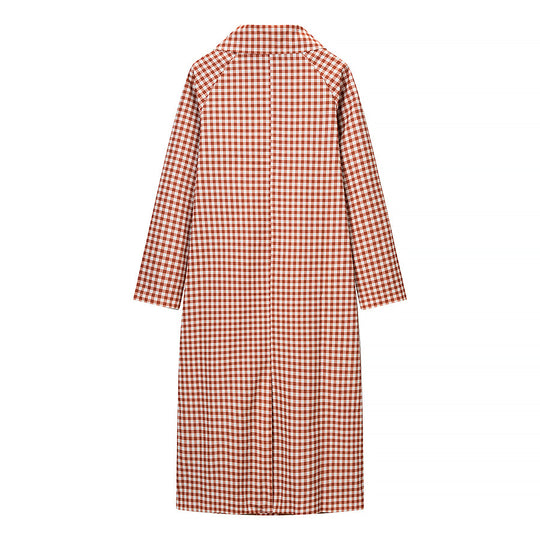 Damen Lang geschnittener karierter Mantel mit Hemdkragen und durchgehender Knopfleiste Shop Nory