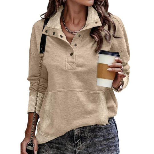 Damen Sweatpullover mit Stehkragen-Knopfleiste und Kängurutasche Shop Nory