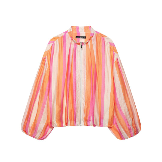 Damen Leichte gestreifte Cropped-Bomberjacke aus transparentem Crêpe mit Ballonärmeln Shop Nory