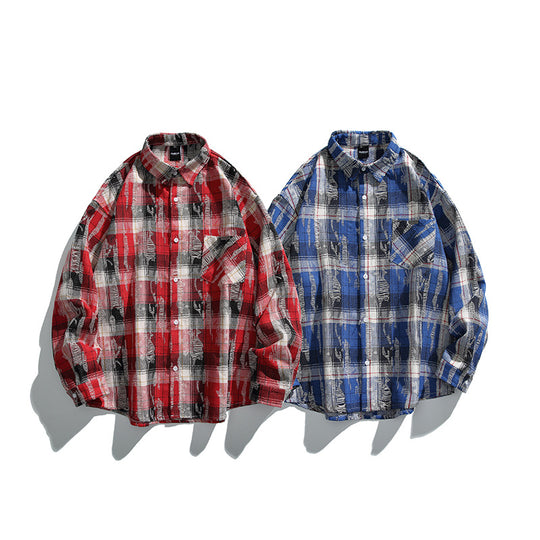 Unisex Oversize-kariertes Flanellhemd mit Destroyed-Details und Brusttasche Shop Nory