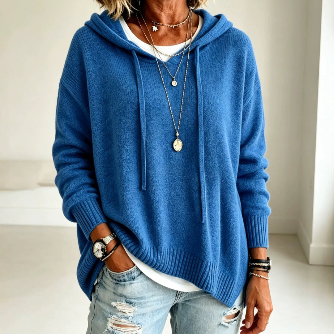 Damen Oversize Kapuzenpullover aus weichem Feinstrick mit Zier‑V‑Ausschnitt Shop Nory