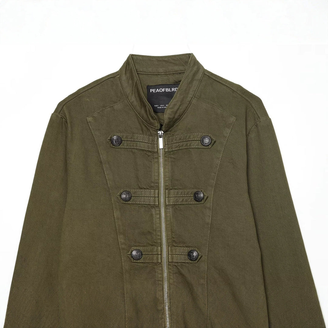 Damen Kurze Military-inspirierte Jacke mit Stehkragen, Zierknopfleisten und durchgehendem Reißverschluss Shop Nory