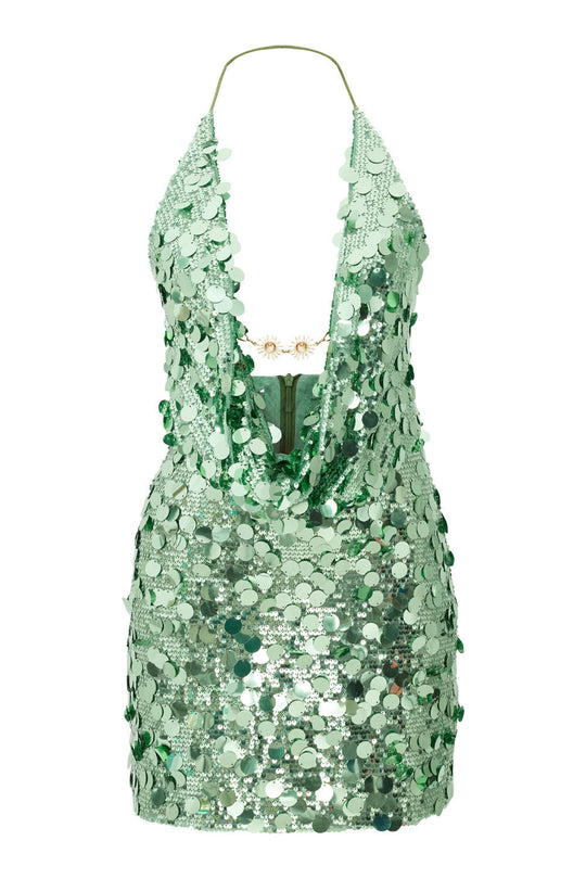 Damen Glitzerndes Minikleid mit tiefem V-Ausschnitt und Troddel-Applikationen Shopnory