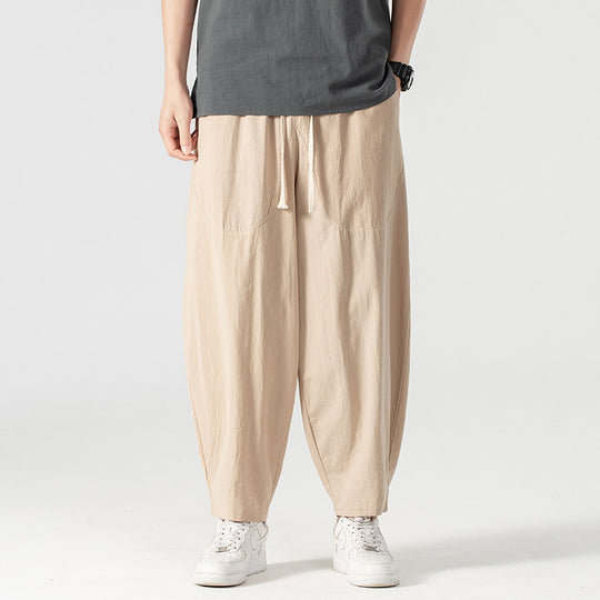 Herren Lässige Leinen-Baumwoll-Hose mit weitem Bein, Kordelzug und aufgesetzten Taschen Shop Nory