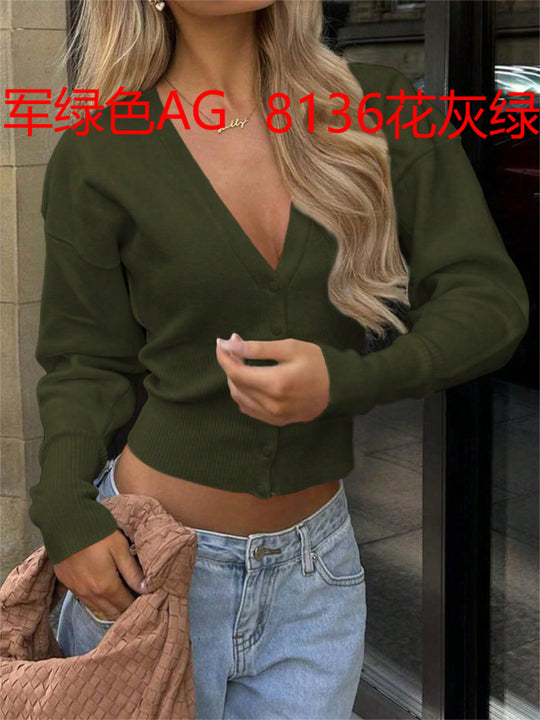 Damen nan taillierte Cropped-Strickjacke mit tiefem V-Ausschnitt, geripptem Bund und durchgehender Knopfleiste Shop Nory