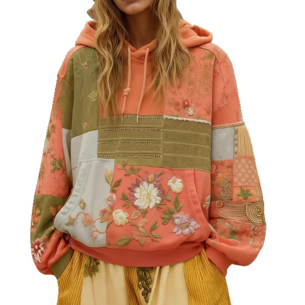 Damen Bestickter Patchwork-Kapuzenpullover mit Blumenapplikation und Kängurutasche Shop Nory