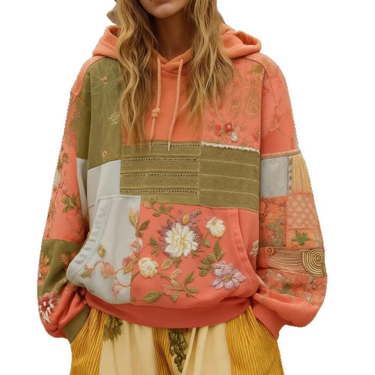Damen Bestickter Patchwork-Kapuzenpullover mit Blumenapplikation und Kängurutasche Shop Nory