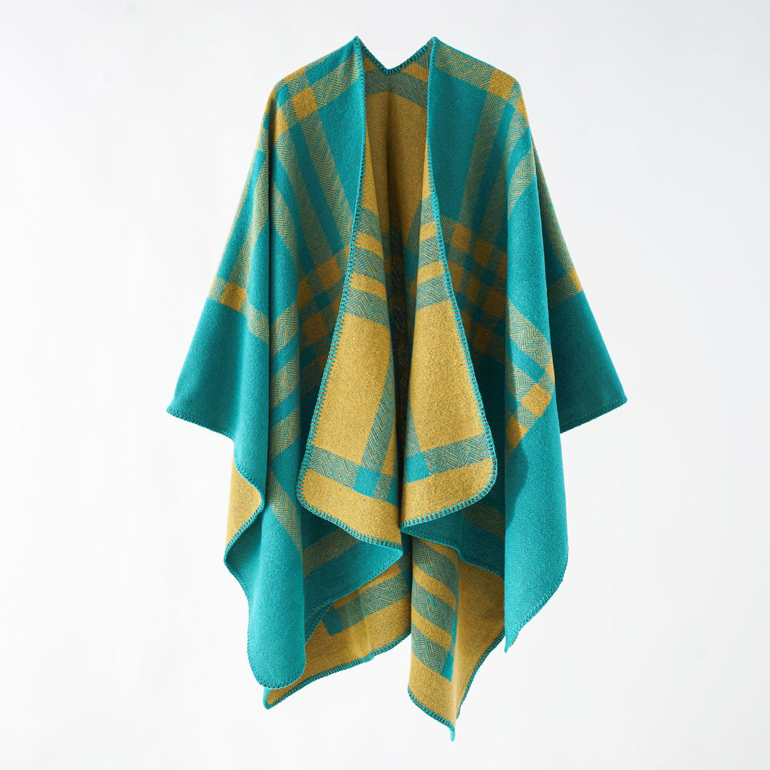 Damen Wendbarer Wollmix-Poncho mit geometrischem Karomuster und Ziernaht Shop Nory