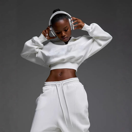 Damen kurzes Half-Zip Crop-Sweatshirt mit hoher Taille und weitem Sweatpants-Set Shop Nory