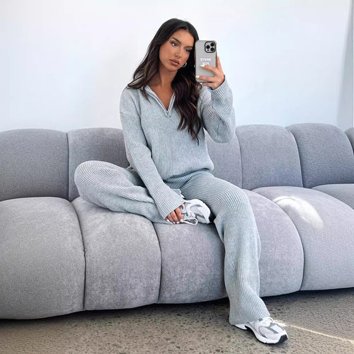 Damen geripptes Strick‑Loungewear‑Set mit halbem Reißverschluss und High‑Waist Leggings Shop Nory