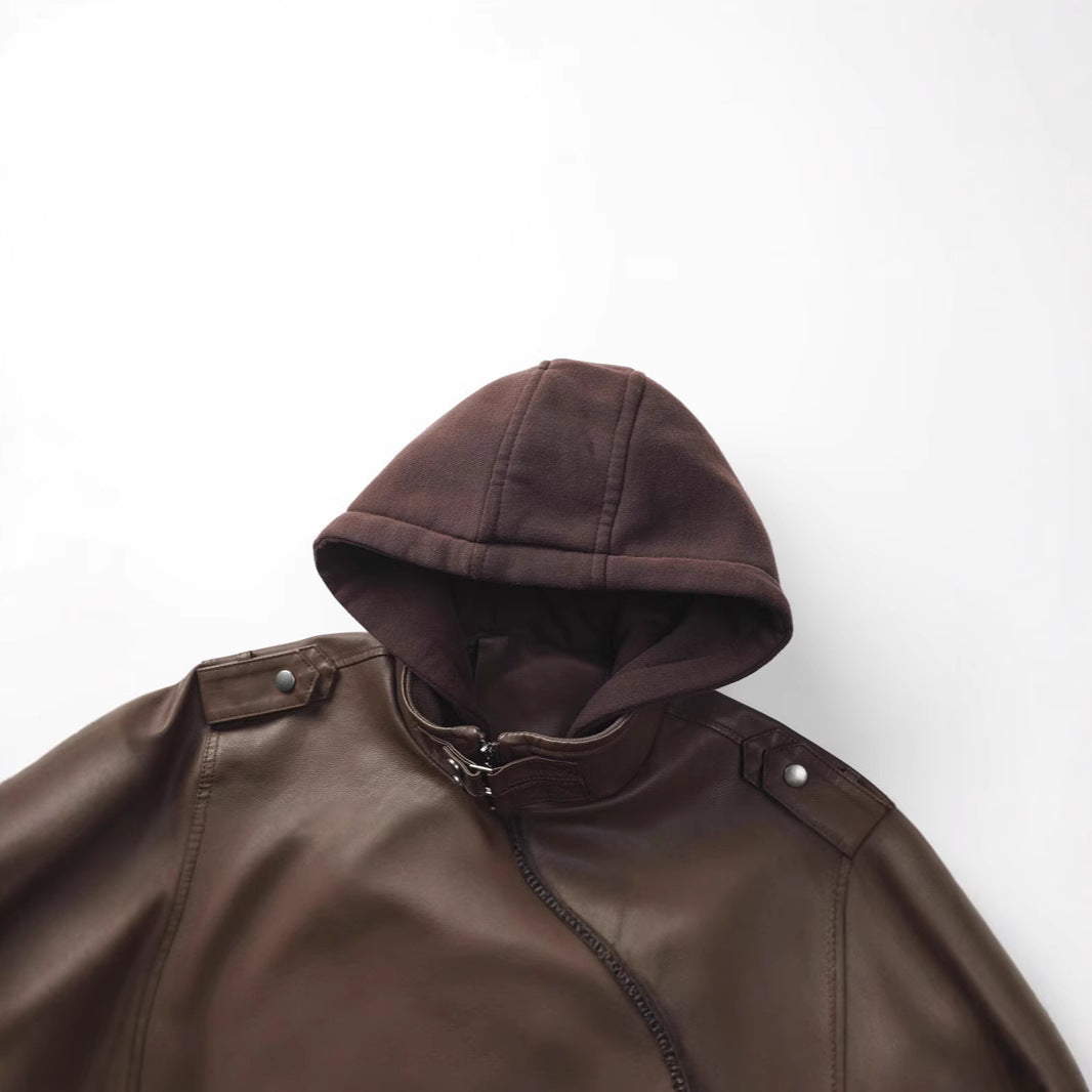 Herren Kunstlederjacke mit abnehmbarer Kapuze und Multifunktions-Taschen Shopnory