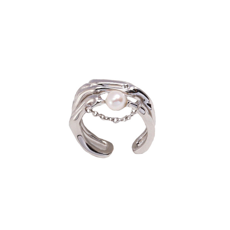 Damen Offener Ring mit künstlerischem Wellen-Design und elegantem Perlenanhänger Shop Nory