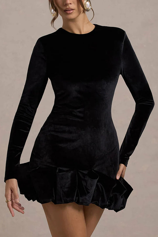 Damen Figurbetontes Cocktail-Minikleid aus Samt mit Volantkante und Langarm Shop Nory