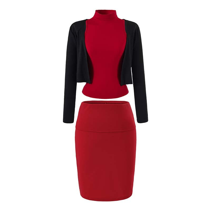 Damen Zweiteiliges Business-Strickset mit Rollkragen-Top, Bolero und Bleistiftrock Shop Nory