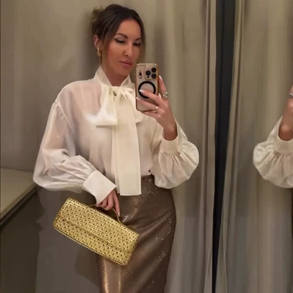 Damen Satin-Schleifenbluse mit Ballonärmeln & breiten Manschetten Shop Nory