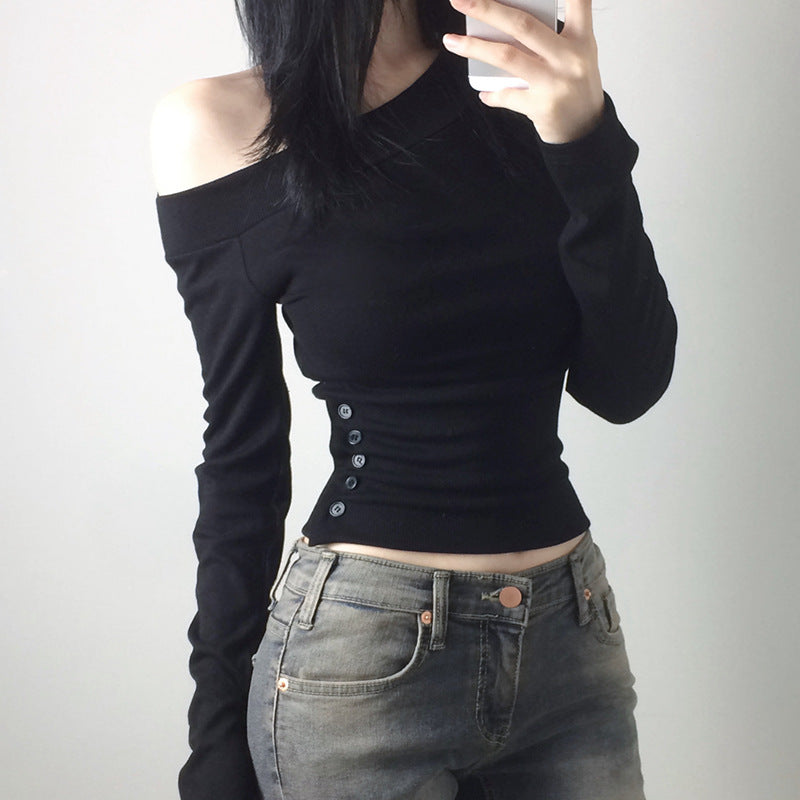 Damen nan schulterfreies Langarmshirt mit taillierter Silhouette und seitlicher Knopfleiste Shop Nory