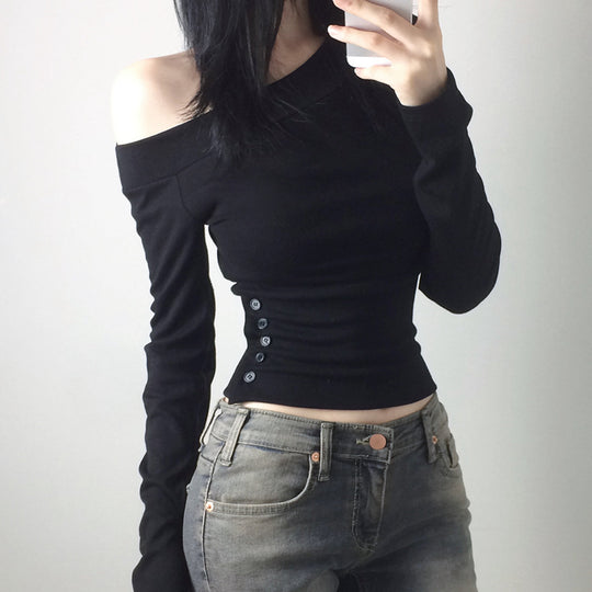 Damen nan schulterfreies Langarmshirt mit taillierter Silhouette und seitlicher Knopfleiste Shop Nory