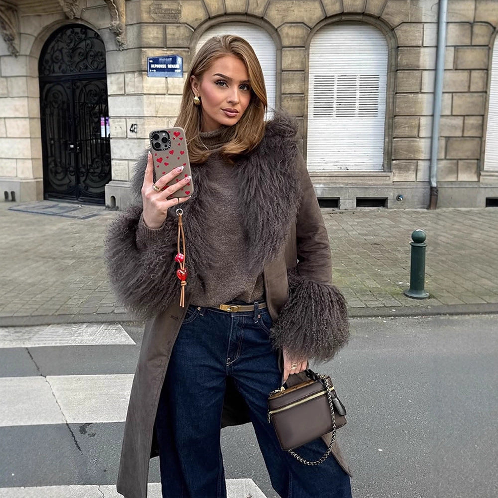 Damen Mantel aus Veloursleder‑Optik mit voluminösem Faux‑Fur‑Schalkragen, Fellmanschetten & Taillengürtel Shop Nory