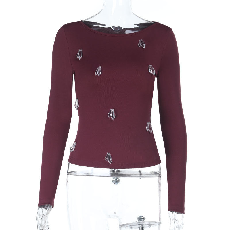 Damen Enganliegendes Langarmshirt mit Kristall‑Applikationen Shop Nory