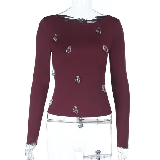 Damen Enganliegendes Langarmshirt mit Kristall‑Applikationen Shop Nory