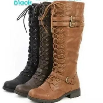 Damen Kniehohe Schnürstiefel mit verstellbaren Zierschnallen und robuster Profilsohle Shop Nory