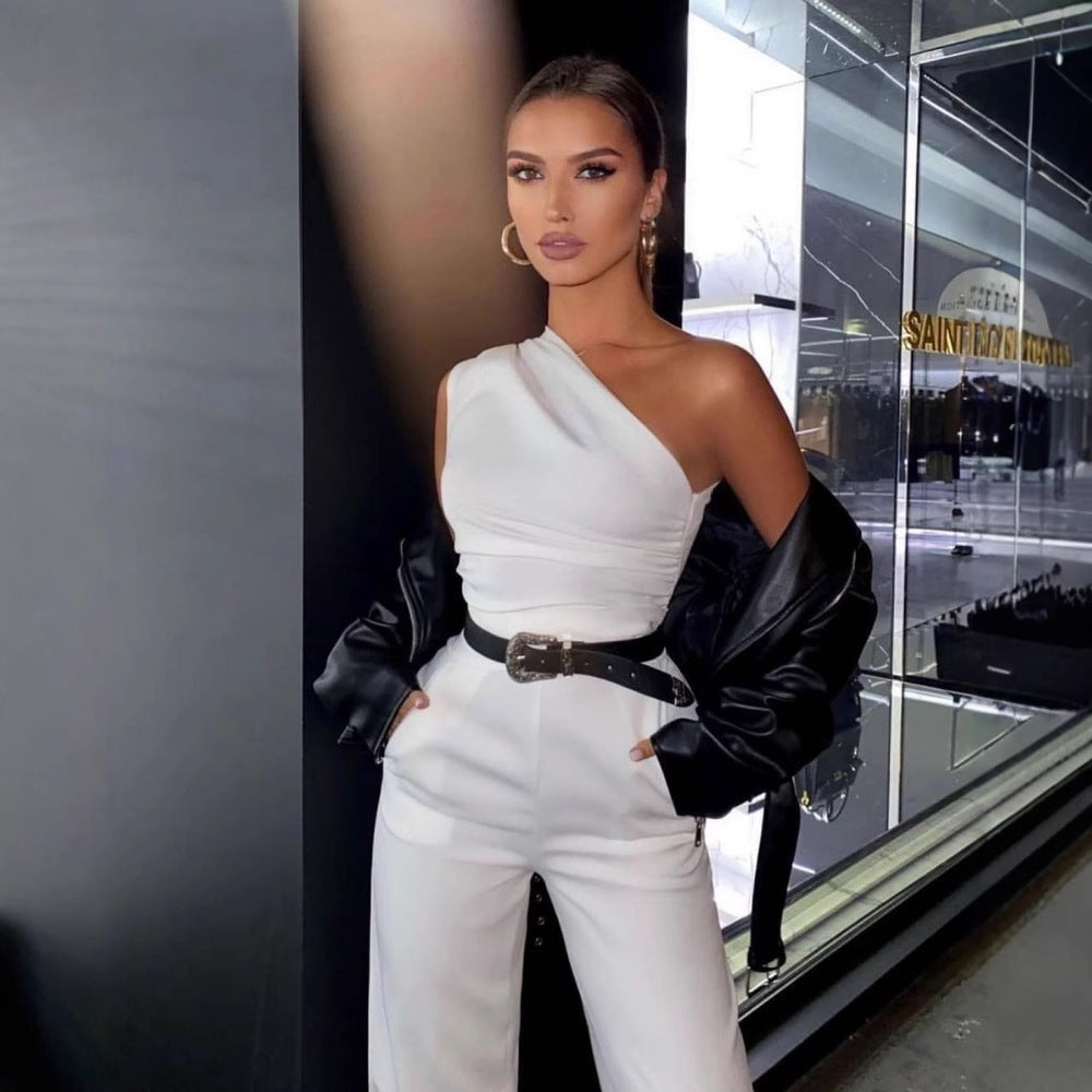 Damen One-Shoulder Jumpsuit mit weitem Bein