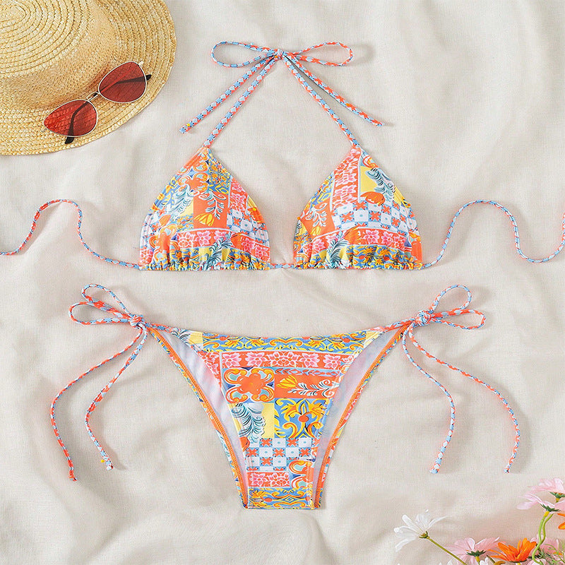 Damen Triangel-Bikini-Set mit verspielt floralem Muster und verstellbaren BindShopnoryändern